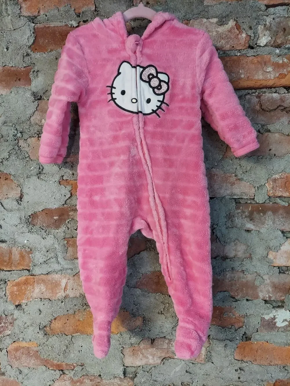 Hello Kitty Infant Girls Romper Sleepsuit Jumpsuit Pink Plush Hooded Full Zip 9M